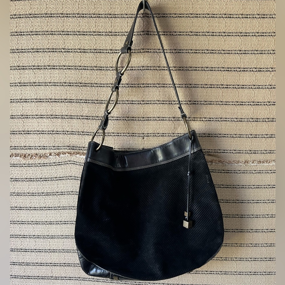 Anne Klein Elegant Black Ribbed Suede Women's Shoulder Bag